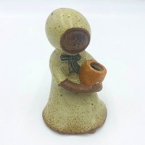 Vintage UCTCI Speckled Stoneware Figurine Girl with Pot Candle Holder 4.25" Tall